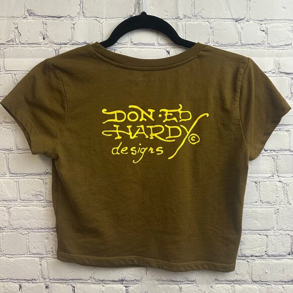 Ed Hardy Love Kills Slowly Brown Crop Top Medium Skull Crossbones Heart Graphic - Picture 4 of 5